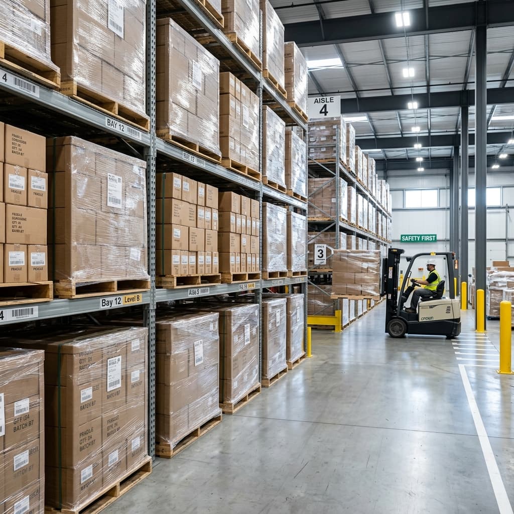 Modern packaging warehouse with pallets and forklift