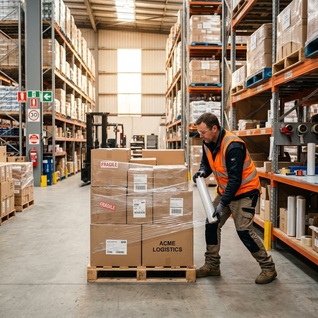 Warehouse worker wrapping pallet with stretch film